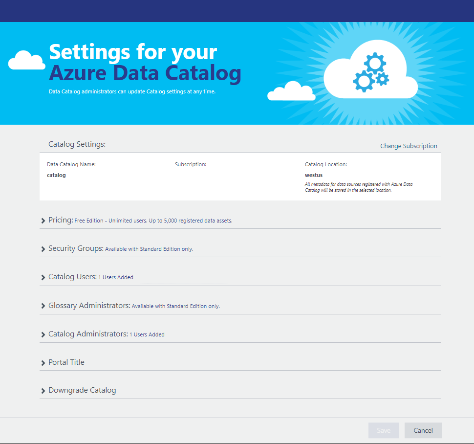 La página de configuración del catálogo de datos, con varias opciones expandibles.