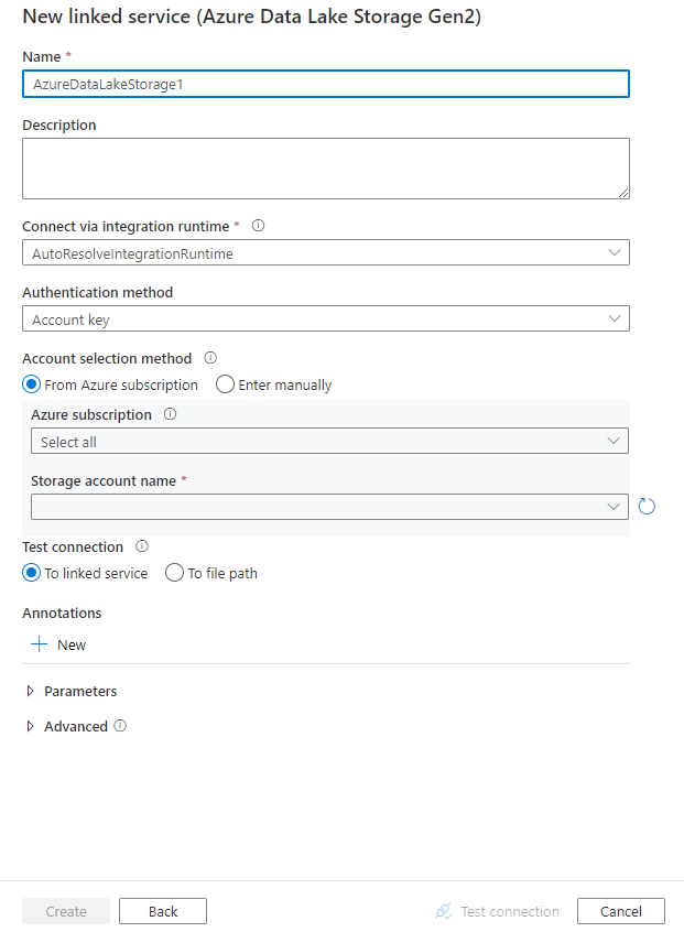 Captura de pantalla de la configuración del servicio vinculado de Azure Data Lake Storage Gen2.