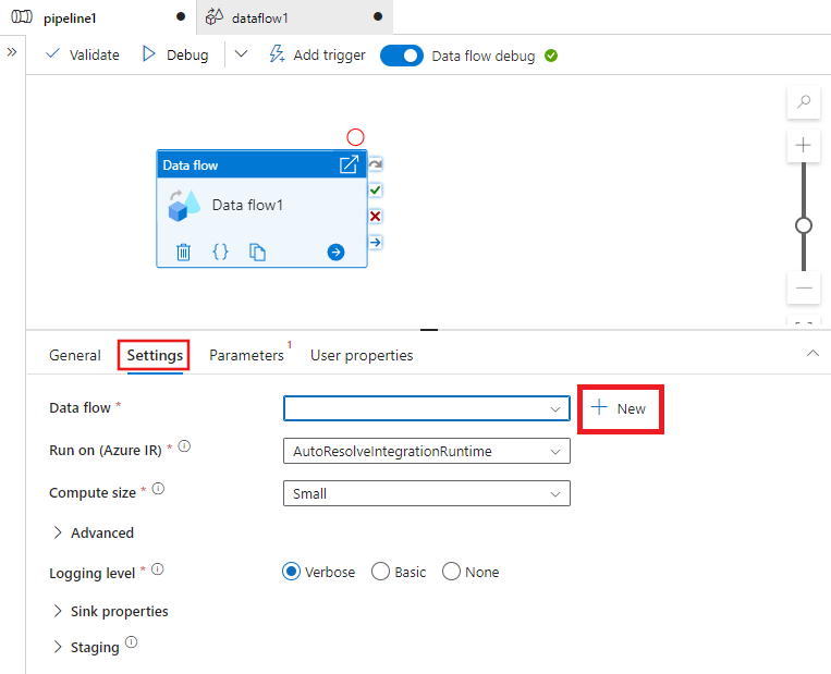 Captura de pantalla que muestra cómo abrir el editor de flujo de datos desde el editor de canalización.