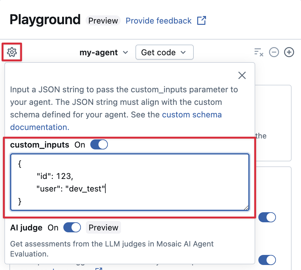 Proporcione custom_inputs en IA Playground.