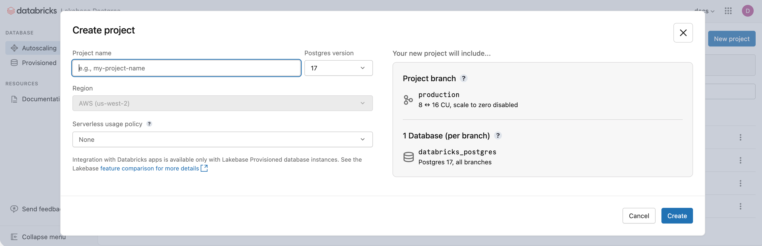 Cuadro de diálogo Crear proyecto