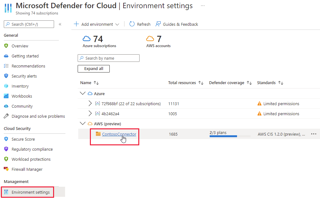 Captura de pantalla de la página de configuración del entorno de Defender for Cloud que muestra un conector de AWS.