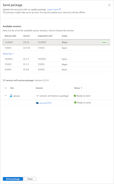 Captura de pantalla del panel de actualización del sensor con la opción para elegir la versión de actualización del sensor.