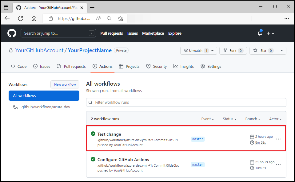 Captura de pantalla del flujo de trabajo de GitHub ejecutándose después de la actualización de la prueba.