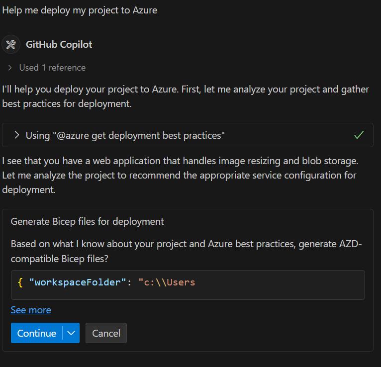 Captura de pantalla del panel de chat de GitHub Copilot que evalúa el proyecto para recomendar recursos.