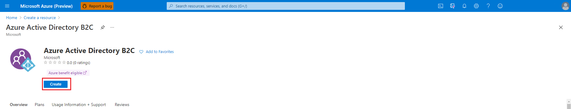 Entrada de Azure Marketplace para Azure Active Directory&nbsp;B2C.
