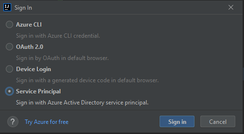 Ventana Inicio de sesión de Azure con la entidad de servicio seleccionada.