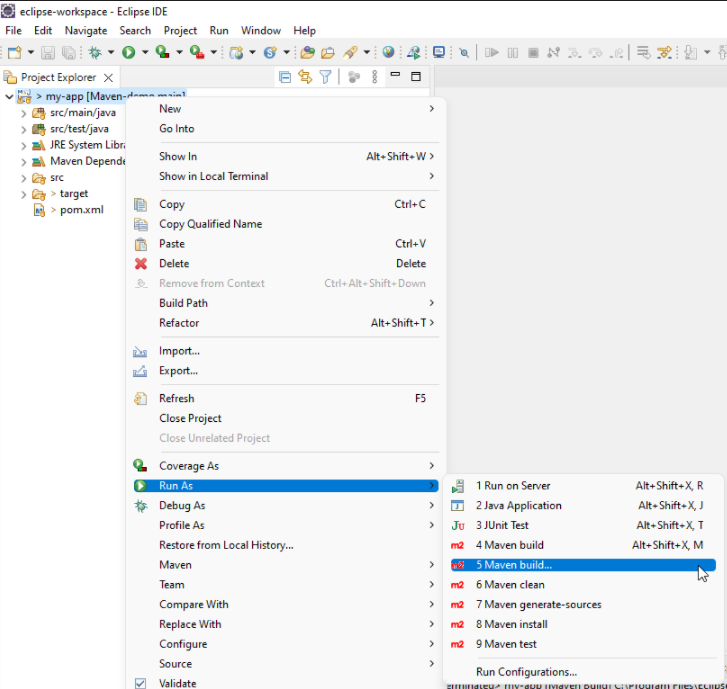 Captura de pantalla que muestra cómo compilar un proyecto mediante Eclipse.