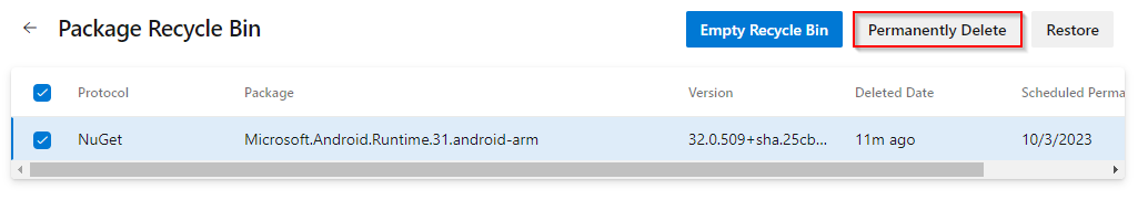 Captura de pantalla que muestra cómo eliminar permanentemente un paquete en Azure Artifacts.