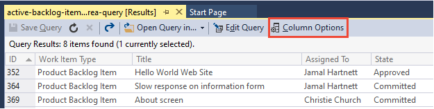 Captura de pantalla de los resultados de la consulta, Visual Studio, abrir Opciones de columna.