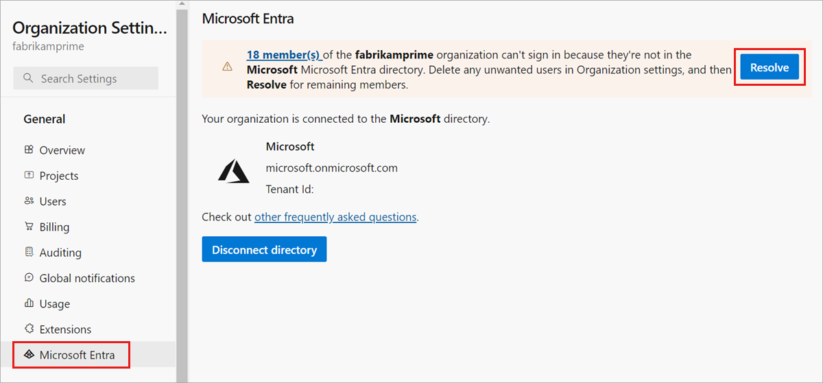 Seleccione Microsoft Entra ID (Id. de Entra de Microsoft) y, a continuación, Resolve (Resolver).