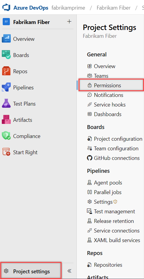 Elija Configuración del proyecto y, a continuación, Permisos.