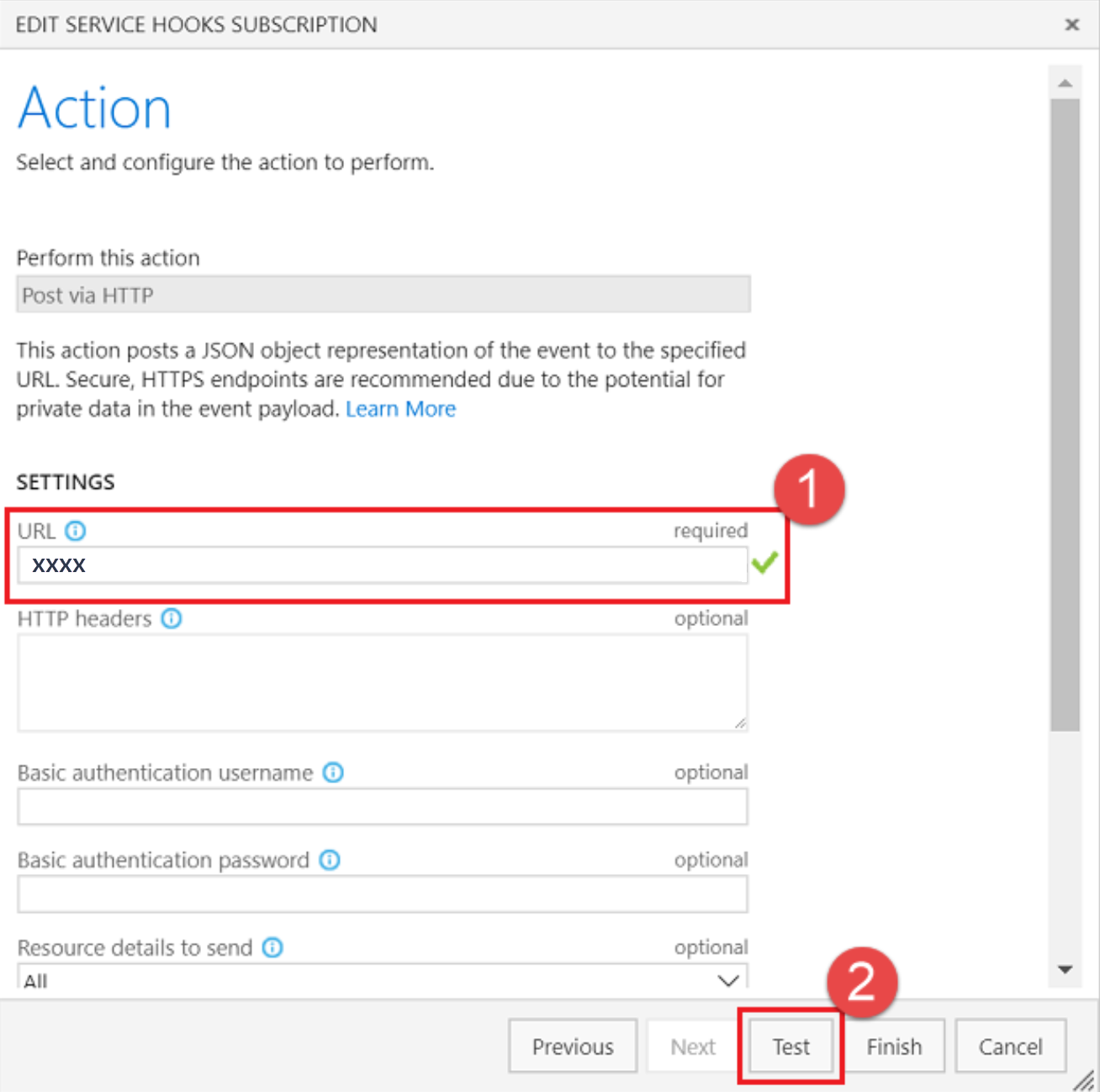 Escriba la dirección URL y seleccione Probar para probar el enlace de servicio.