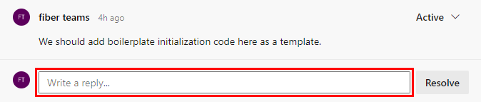 Captura de pantalla que muestra dónde responder a un comentario de una solicitud de incorporación de cambios.