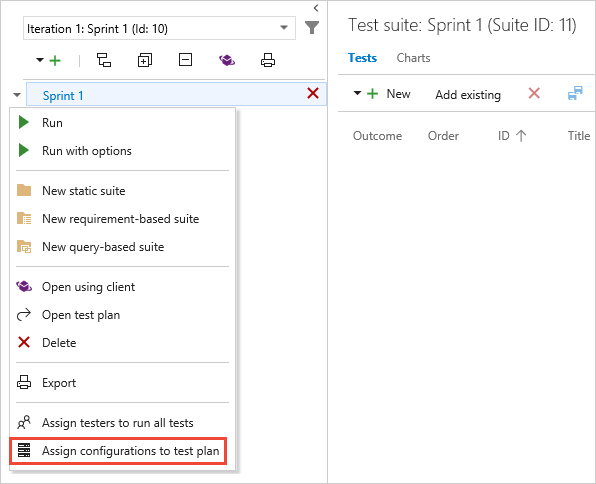 Asignación de una configuración a un plan de prueba