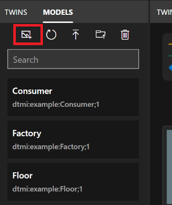 Captura de pantalla del panel Models (Modelos) de Azure Digital Twins Explorer. Está resaltado el icono Upload Model Images (Cargar imágenes de modelo).