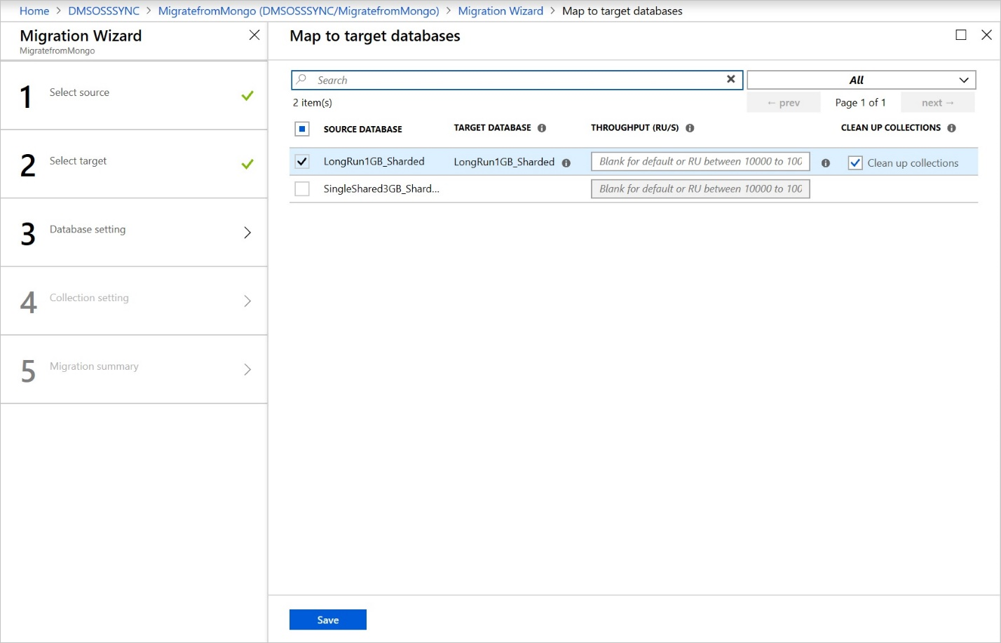 Captura de pantalla que muestra la asignación a las bases de datos de destino.