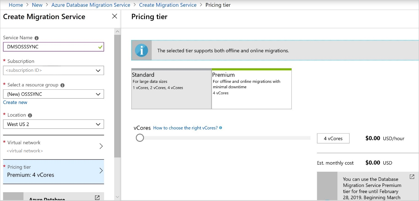 Captura de pantalla de la configuración de la instancia de Azure Database Migration Service.
