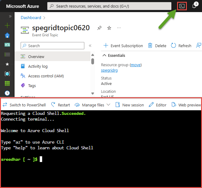 Captura de pantalla que muestra Cloud Shell con Bash seleccionado en la esquina superior izquierda.