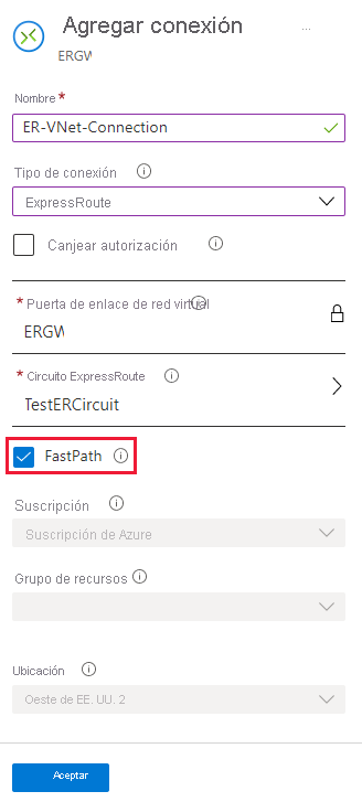 Captura de pantalla de la casilla FastPath en la página Agregar una conexión.