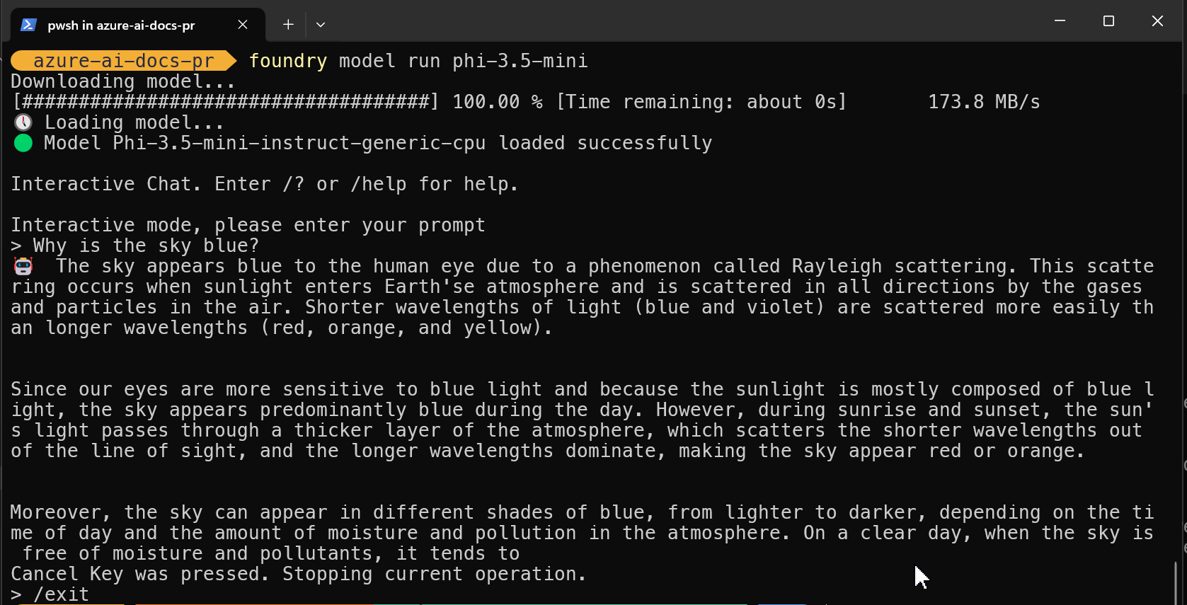 Captura de pantalla de la salida del comando Foundry Local run.