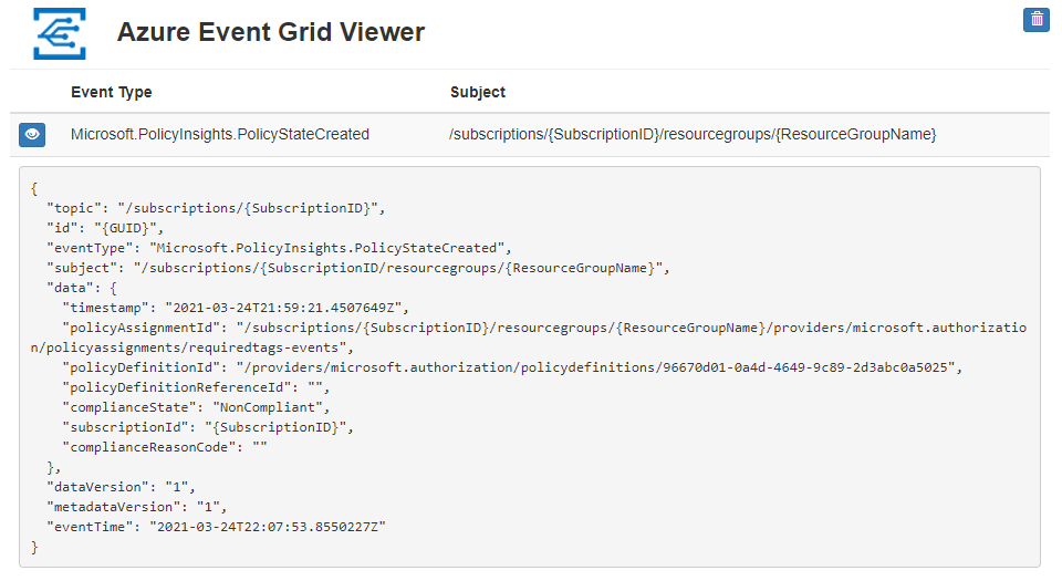 Captura de pantalla del evento de creación de estado de directiva de la suscripción de Event Grid para el grupo de recursos en la aplicación web creada previamente.