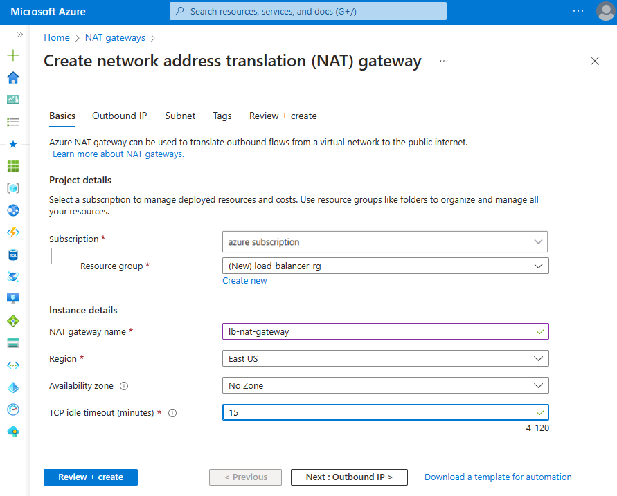 Captura de pantalla de la ventana Crear puerta de enlace de traducción de direcciones de red en Azure Portal.