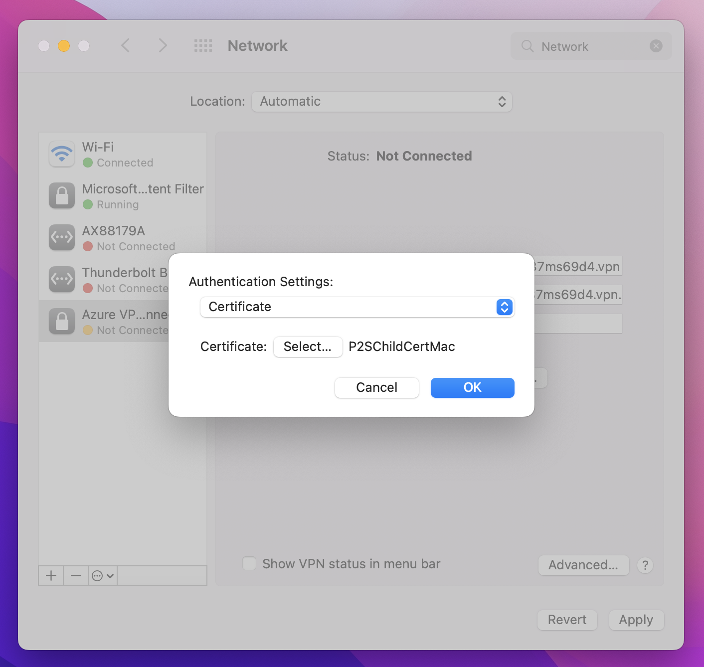 Captura de pantalla que muestra el cuadro de diálogo Choose An Identity (Elegir una identidad), donde puede seleccionar el certificado adecuado.