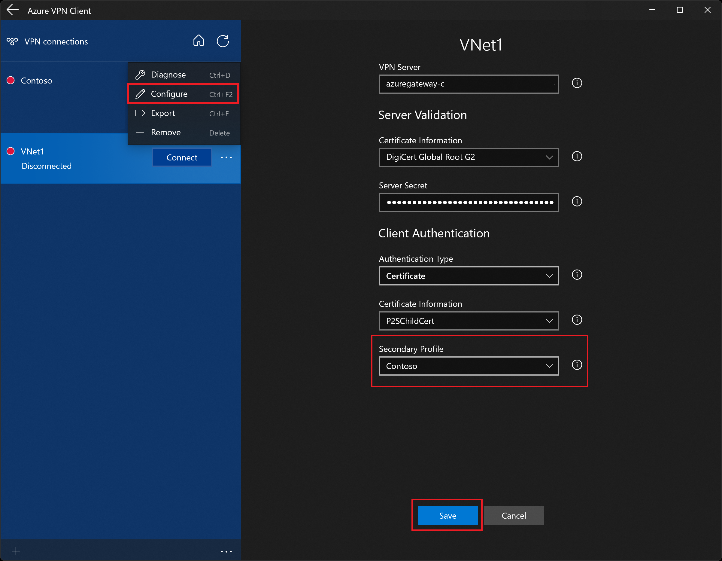 Captura de pantalla que muestra la página de configuración del perfil de cliente VPN de Azure con un perfil secundario.