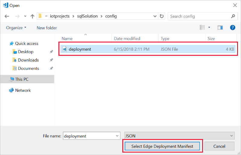 Captura de pantalla que muestra dónde seleccionar el manifiesto de implementación de IoT Edge.