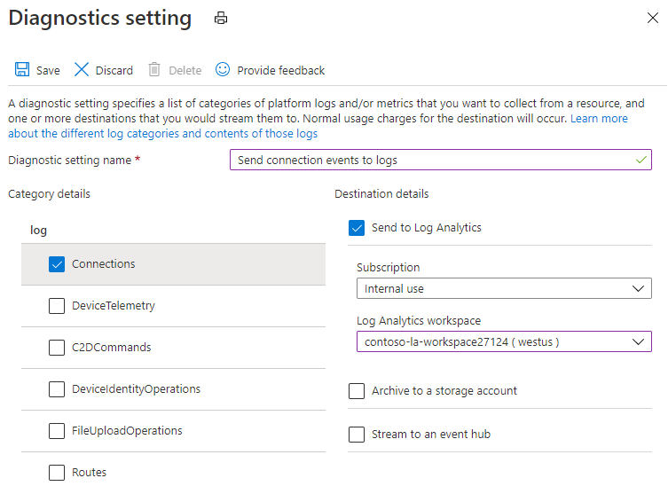 Configuración recomendada para enviar los registros de conectividad al área de trabajo de Log Analytics.