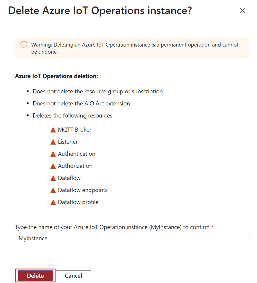 Captura de pantalla que muestra la eliminación de una instancia de Azure IoT Operations en Azure Portal.