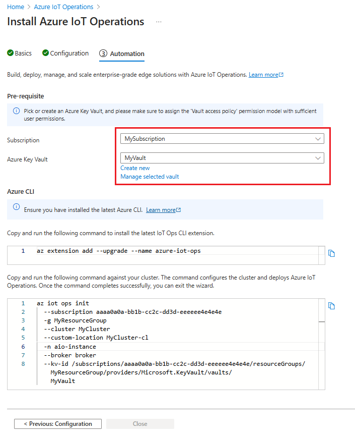 Captura de pantalla que muestra la tercera pestaña para implementar operaciones de Azure IoT desde el portal.