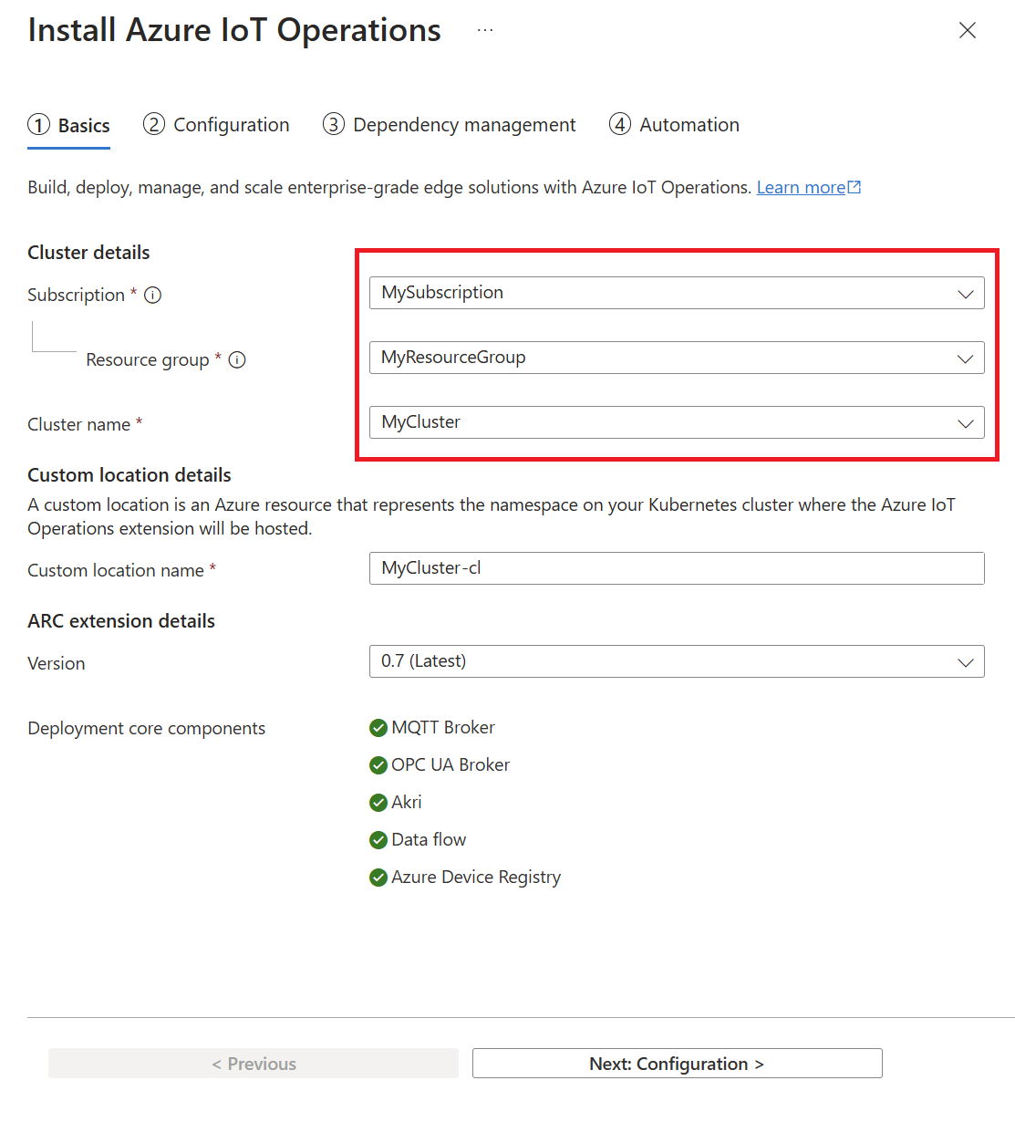 Captura de pantalla que muestra la primera pestaña para implementar operaciones de Azure IoT desde el portal.