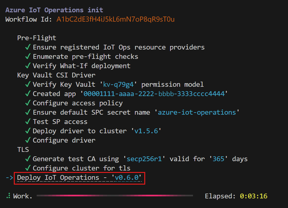 Captura de pantalla que muestra el progreso de una implementación de Azure IoT Operations en un terminal.