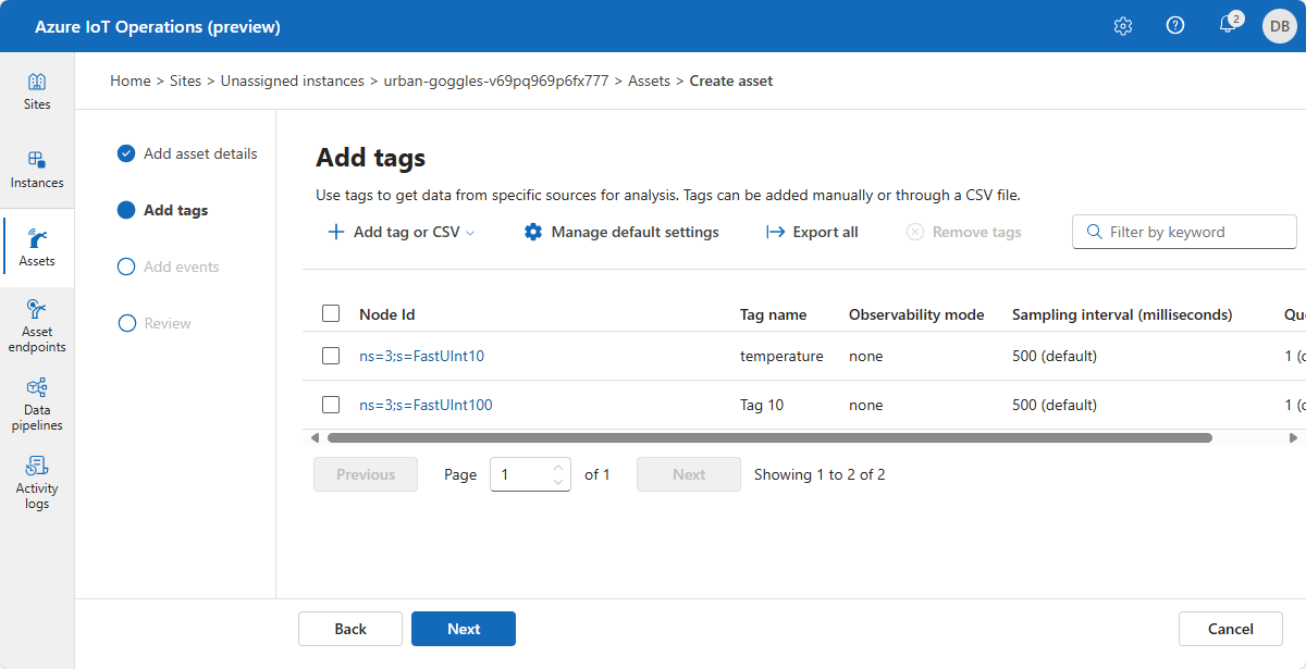 Captura de pantalla de la página agregar etiqueta de operaciones de IoT de Azure.