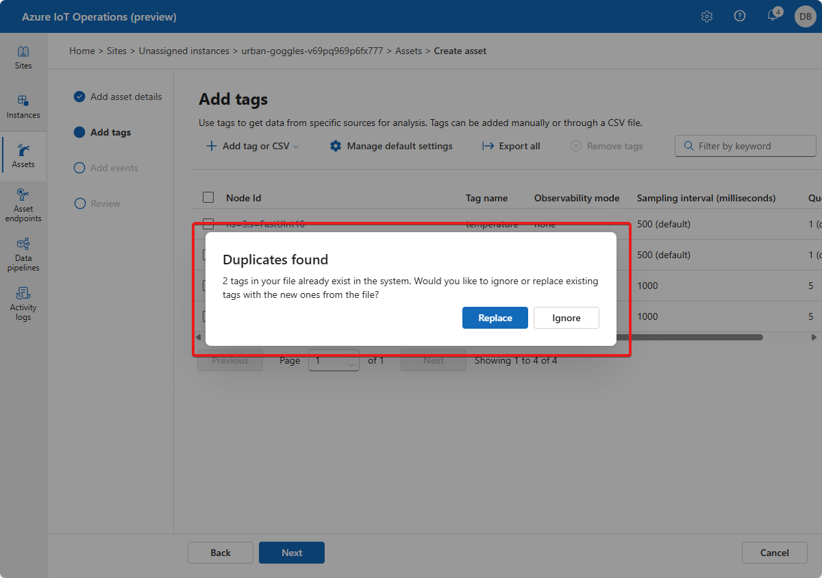 Captura de pantalla que muestra el mensaje de error al importar definiciones de etiquetas duplicadas en el portal Operaciones de IoT de Azure (versión preliminar).