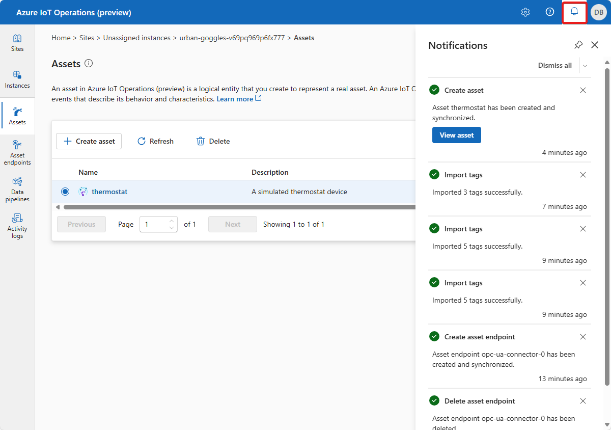 Captura de pantalla que muestra las notificaciones del portal Operaciones de IoT de Azure (versión preliminar).