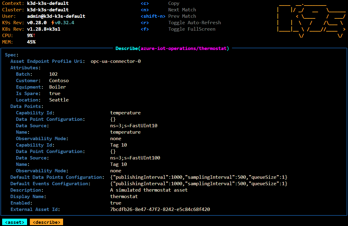 Captura de pantalla que muestra el recurso termostato como un recurso personalizado de Kubernetes.