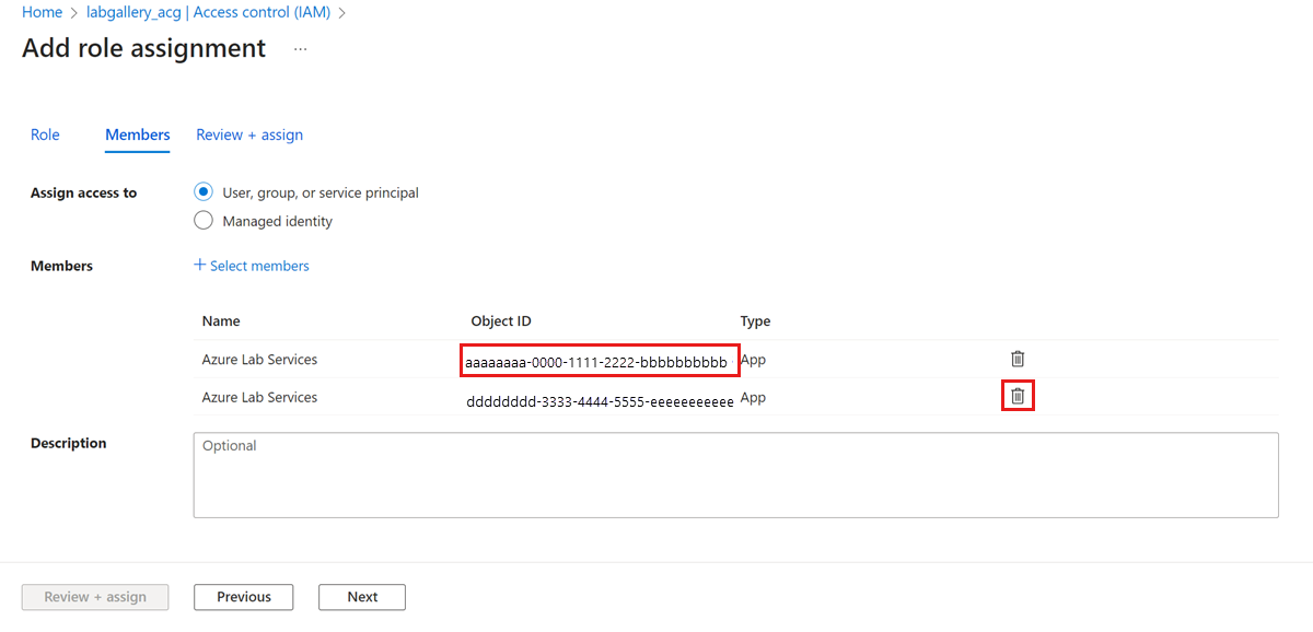 Recorte de pantalla que muestra la página Agregar asignación de roles para la galería de procesos en Azure Portal.