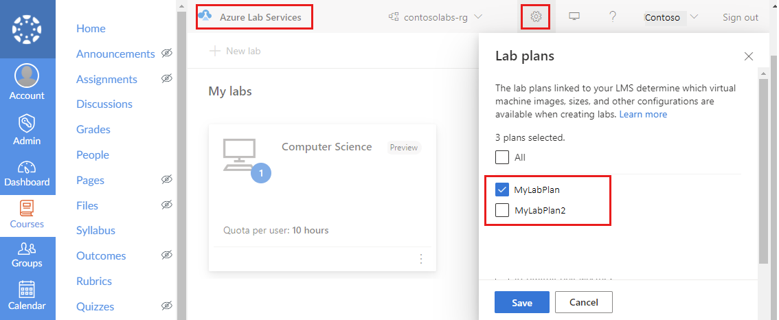 Captura de pantalla que muestra la lista de planes de laboratorio que se pueden vincular a Canvas.