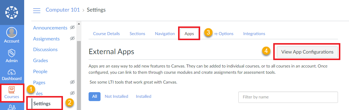 Captura de pantalla que muestra la pestaña App de la página de configuración para un curso en Canvas.