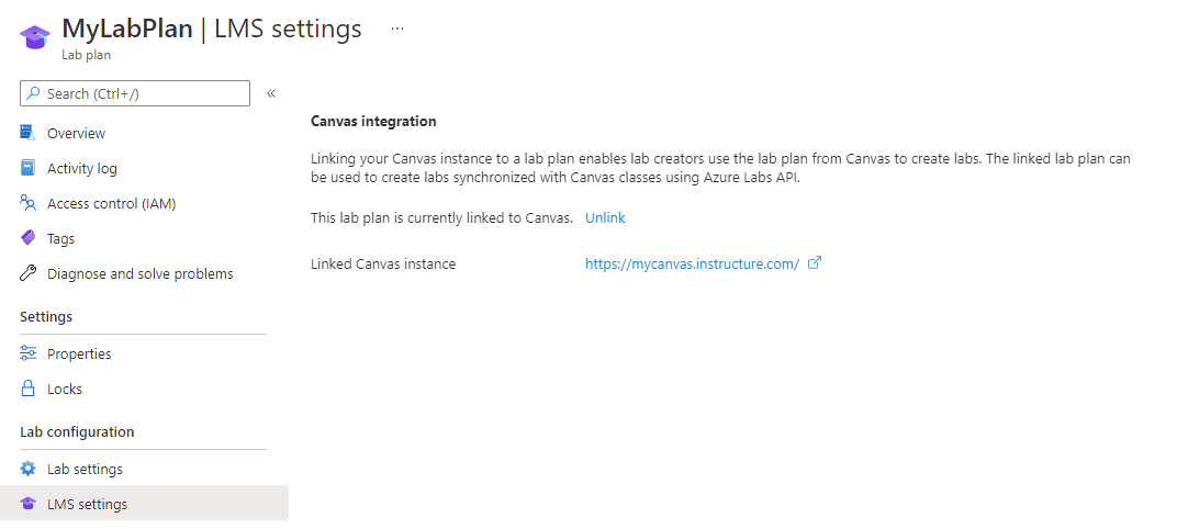 Captura de pantalla de la página de configuración de LMS de un plan de laboratorio.
