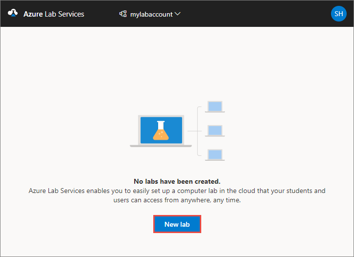 Recorte de pantalla en el que se muestra el sitio web de Azure Lab Services y se resalta el botón Nuevo laboratorio.