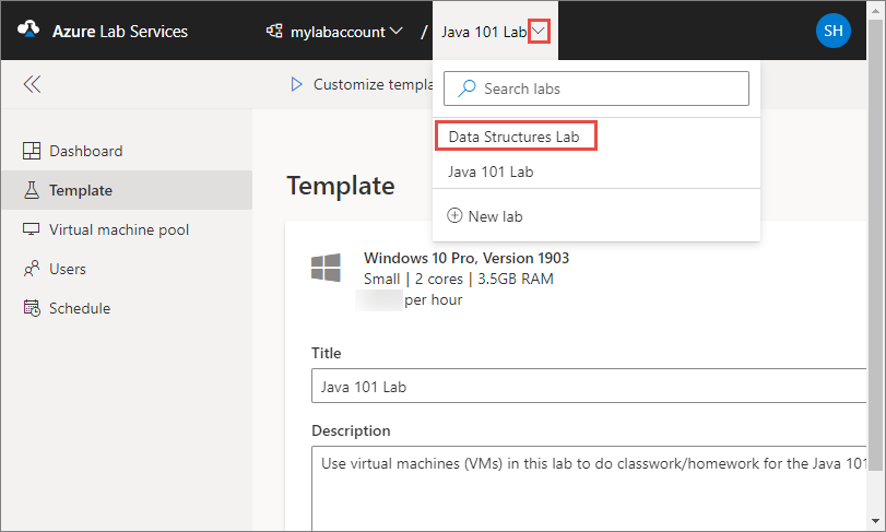 Recorte de pantalla en el que se muestra el sitio web de Azure Lab Services y se resalta el control desplegable para cambiar a otro laboratorio.