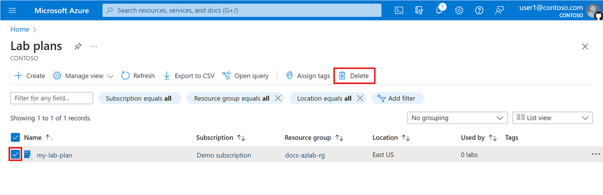 Captura de pantalla que muestra cómo eliminar un plan de laboratorio en Azure Portal.