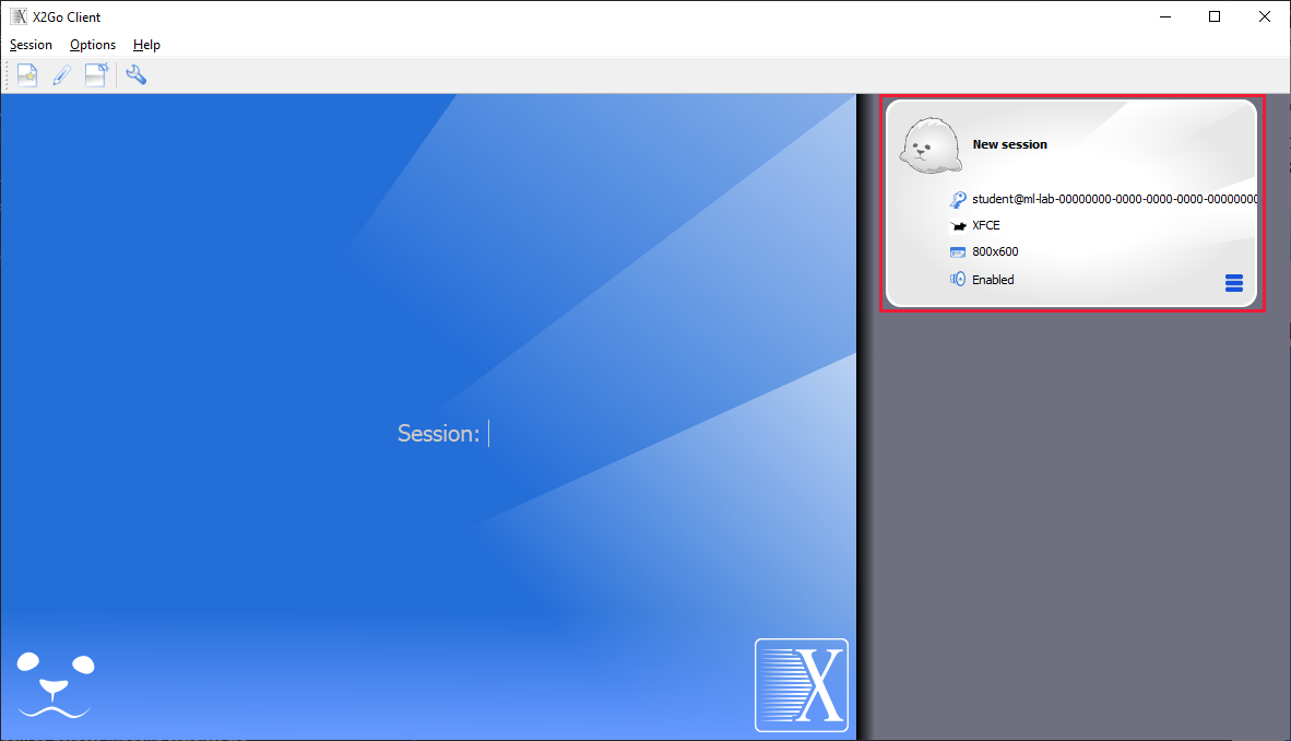 Captura de pantalla de X 2 Go con la sesión guardada.