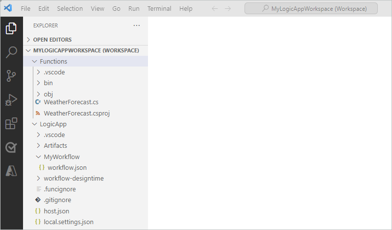 Captura de pantalla que muestra Visual Studio Code con un área de trabajo creada.