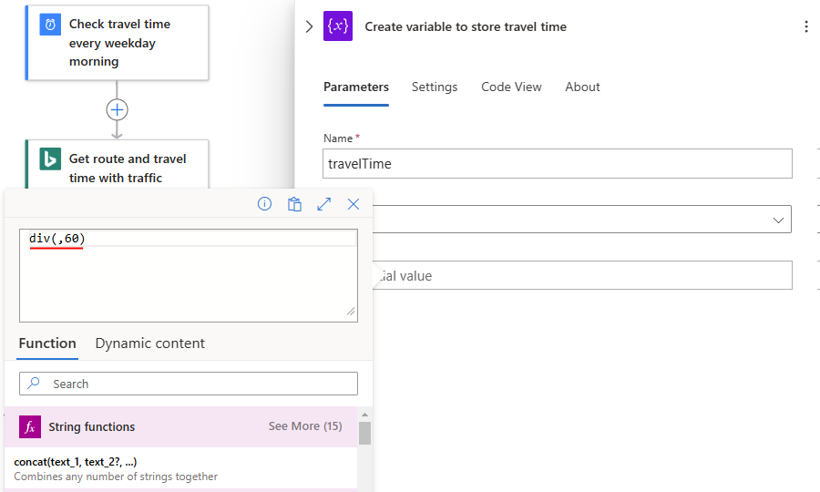 Captura de pantalla que muestra el editor de expresiones con la expresión especificada para div(,60).