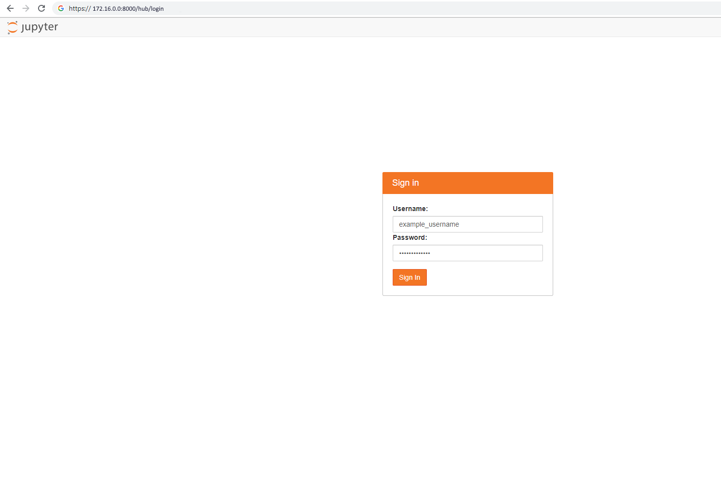 Captura de pantalla que muestra el panel de inicio de sesión de JupyterHub.